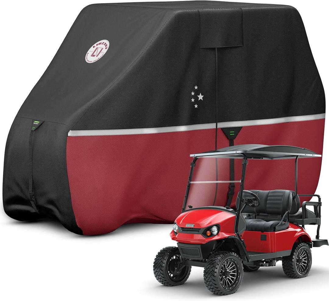 Waterproof Golf Cart Cover, Heavy Duty Marine Grade Fabric, Universal Fits for Most Brand 2/2+2/4+2 Passengers Yamaha, Honda, Club Car, EZGO Golf Cart (420D Black/Red)