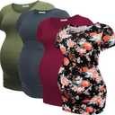 Bearsland 4 Pack Women's Maternity Shirts Crew Neck Maternity Top Short Sleeve Side Ruched Pregnancy Clothes, M