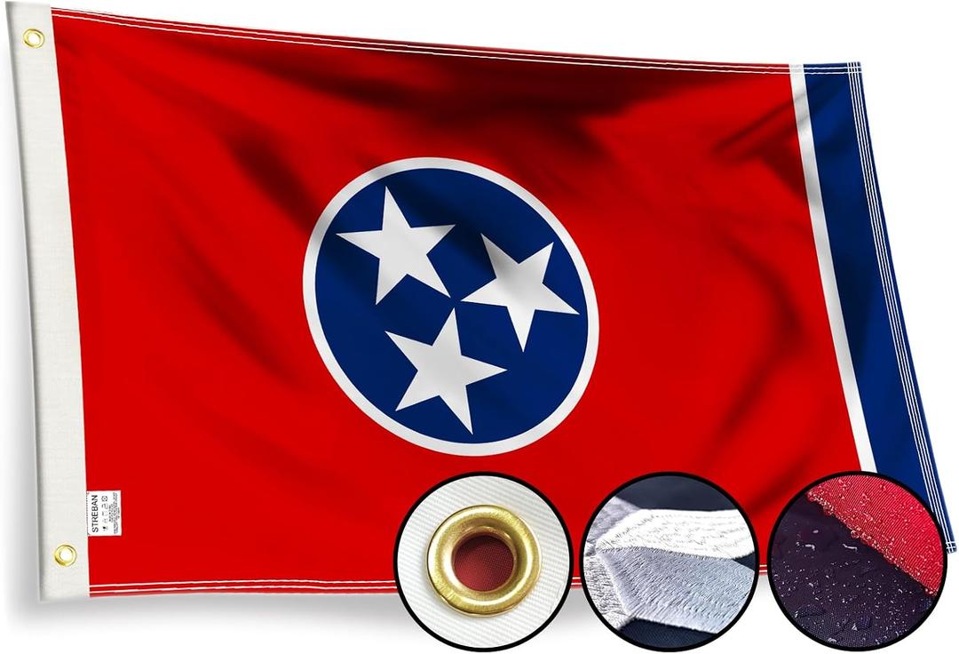 Tennessee Flag 3x5 Outdoor - Embroidered Design Heavy Duty Polyester with Sewn Stripes, Brass Grommets