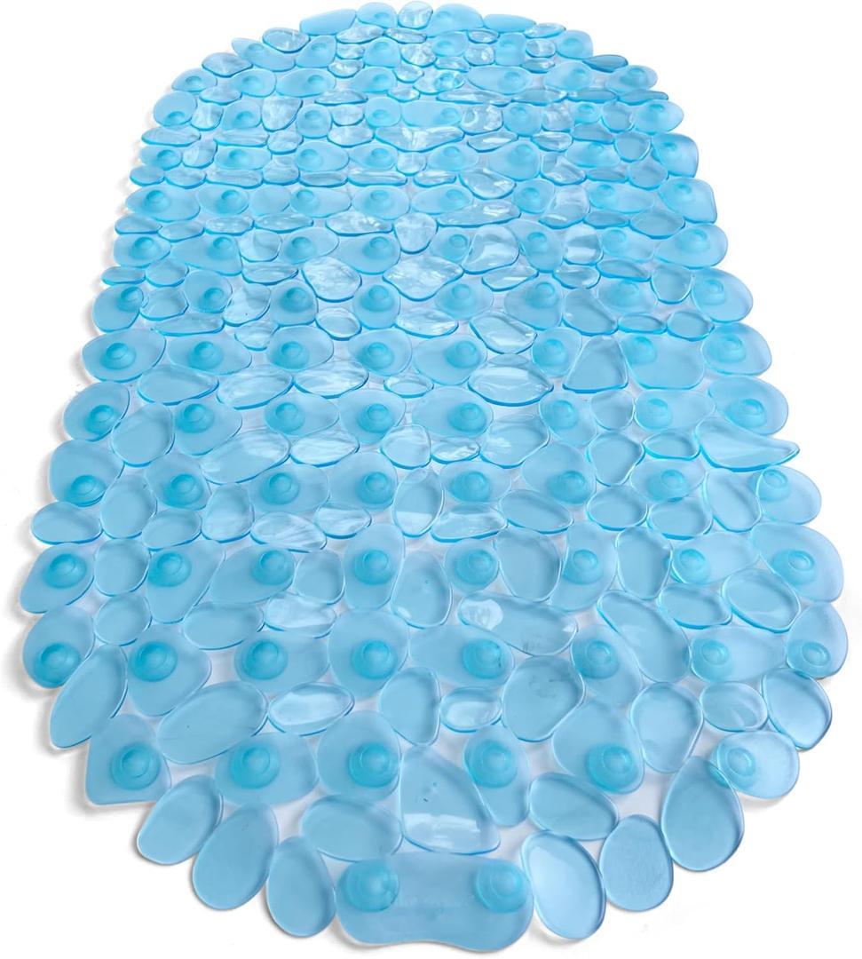 Pebbles Non-Slip Bathtub & Shower Mat 27x14 Oval - Non-Toxic - Safe, Clean, Machine-Washable, Superior Grip & Drainage, Vinyl, for Smooth Floors ONLY, Transparent Aqua