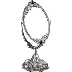Feyarl Small Vintage Makeup Mirror Floral Tabletop Oval Vanity Mirror with Stand Dressing Room Swivel Double Sided Elegant Decorative Mirror Embossed Frame (Pewter)