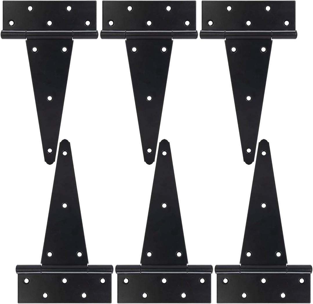 10 Inch T-Strap Gate Hinges, Heavy Duty Shed Door Hinges, Black Tee Hinges for Wooden Fences, Yard Gates, Rustproof Wrought Iron Hardware, 6 Pack