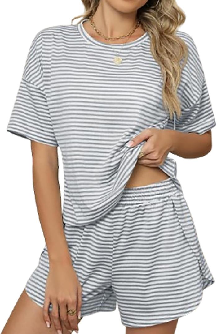 HDQHDQ Women's Striped Pajama Set Summer Short Sleeve Top and Shorts 2 Piece Lounge Sets Side Slit Cute Pjs