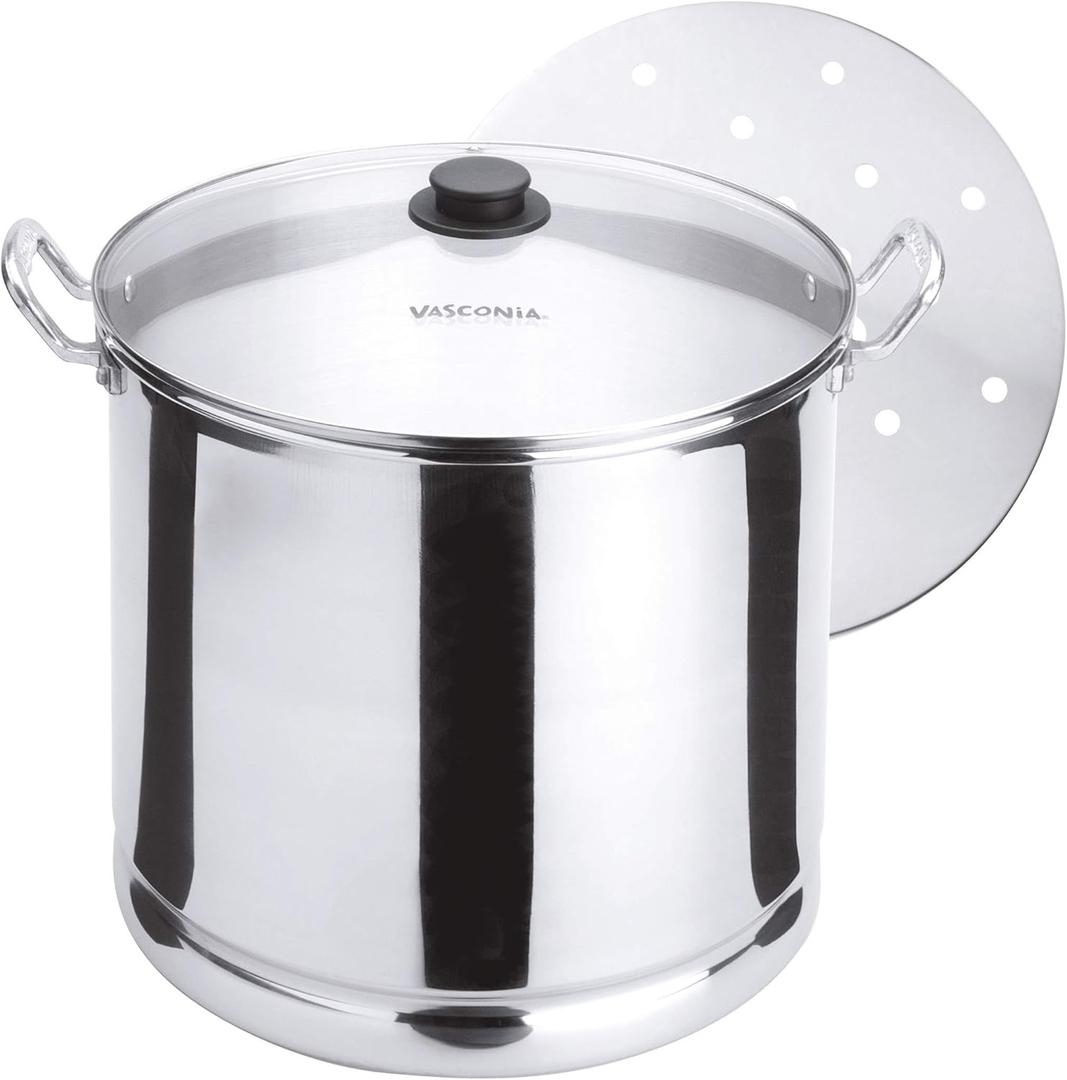 Vasconia 27.5-Quart Steamer Pot (Aluminum) with Tray & Glass Lid, For Most Stoves - (Hand-Wash only) Large Stock Pot for Tamales, Steaming, Boiling & Frying - Makes Seafood, Pasta, Vegetables & More (27.5 QT)