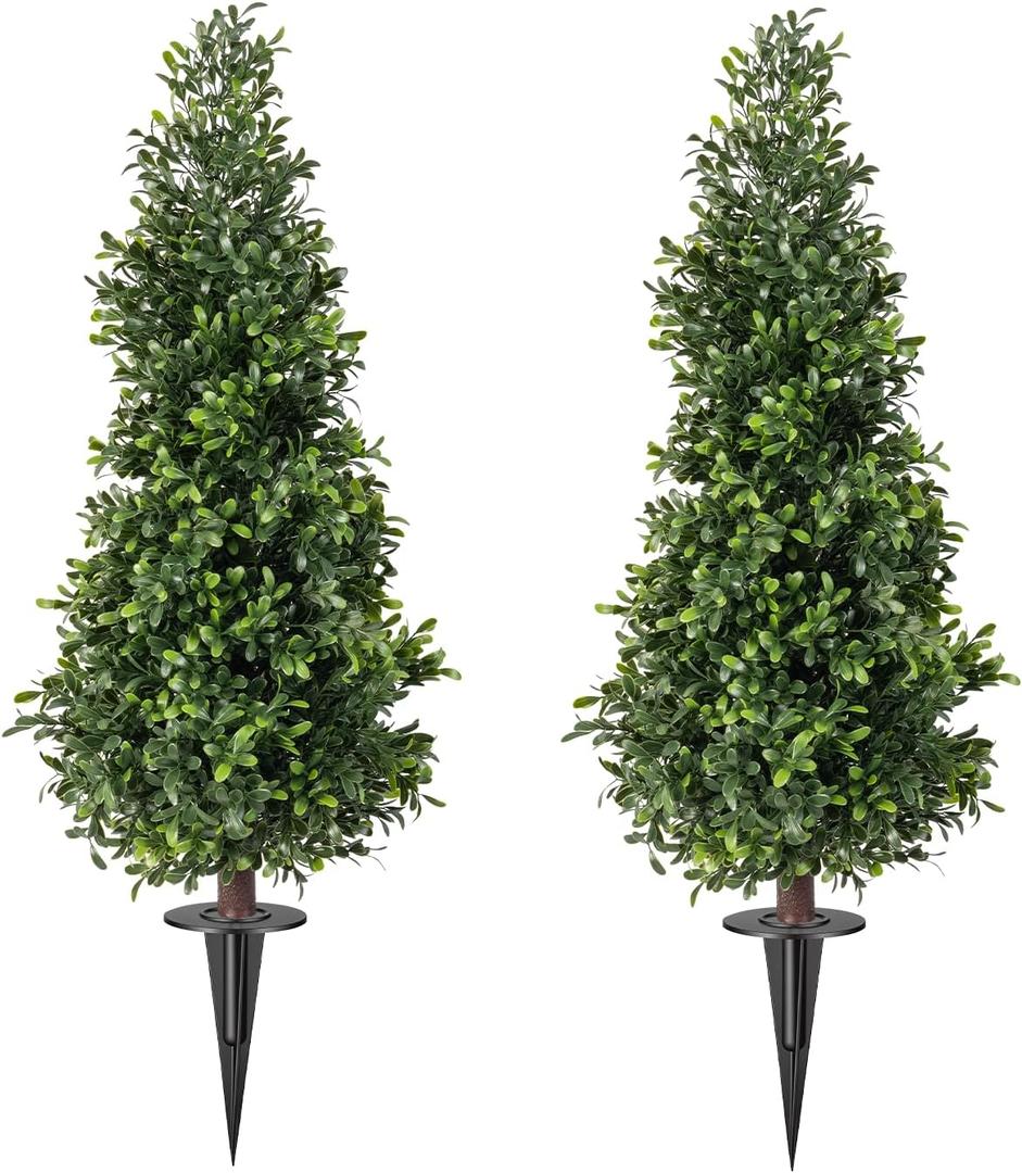 2FT Artificial Boxwood Topiary Trees with Ground Spike, 2 Pack UV Resistant Fake Shrubs Plants, Fake Evergreen Artificial Plant Brush for Indoor Outdoor Front Porch Garden