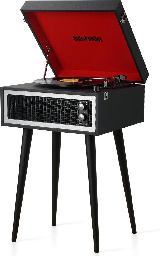 Record Player with Bluetooth, USB Playback and Recording, Built-in Stereo Speakers, and Chair-Height Legs, Black