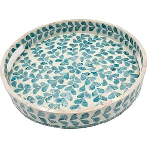 PEMAR 12.6 Mother of Pearl Round Serving Tray with Handles, Decorative Nacred Wooden Ottoman Coffee Table Tray (Teal Floral Pattern)