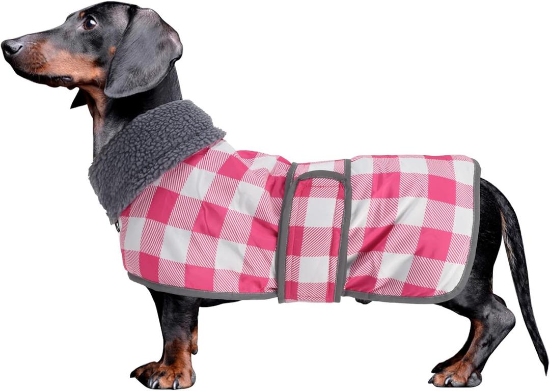 Geyecete Dachshund Winter Coat Grid Waterproof Dog Coats Quilted Dog Jacket Thermal Coat,with Warm Flannel Lining Outdoor-Pink-M