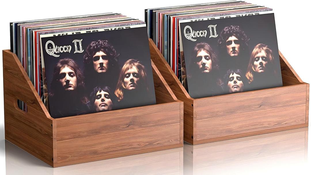 2 Pack Wood Vinyl Record Storage, Retro & Durable Vinyl Crate and Record Holder, Album Storage Record Case Box for 120+ Records, Perfect Record Organizer for Home Decor and Collection Display(Brown)