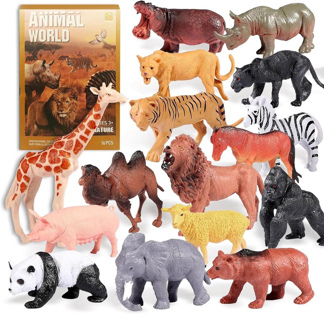 Safari Animals Figures Toys, Realistic Jumbo Wild Zoo Forest Figurines Plastic African Jungle Animals Playset for Kids Toddlers, 16Piece Gift Set