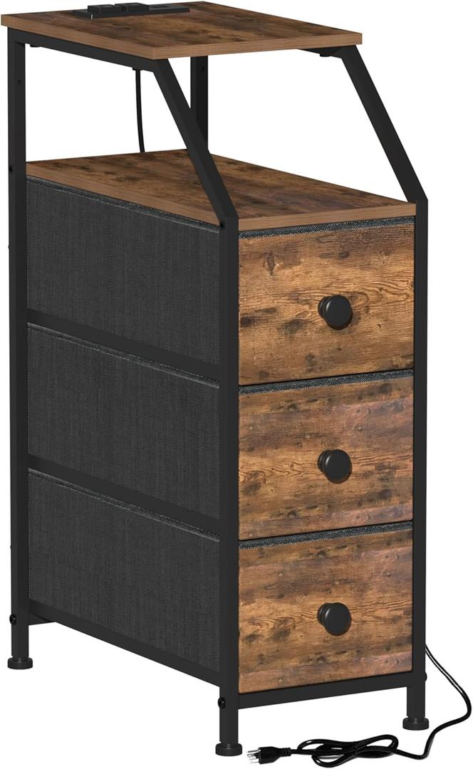 Tohomeor Narrow Dresser Tall Skinny Storage Tower Vertical Slim Chest of Drawers with Charging Station Small Nightstand Side Table for Bedroom, Bathroom, Small Spaces (Rustic Brown, 3 Drawers) (18.9"D x 9.8"W x 28.4"H (3 Drawers))