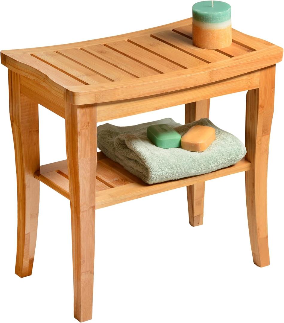 Bamboo Shower Bench - Small Wooden Shower Stool with Storage Shelf, Non-Slip Bathroom Seat, Spa Decor Bath Bench, Foot Rest Shaving Stool for Shower, Indoor Outdoor Use, Great Gift Idea (17" x 9 x 17)