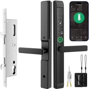 Sliding Door Smart Lock, Sliding Glass Door Lock with Fingerprint, JNZCH Smart Mortise Lock with App Control, IC Card, Keys, Anti-Peep Touchscreen, Perfect for Patio, Home (Black)