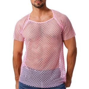 ABAFIP Men's Short Sleeve Fishnet Shirt Mesh Sheer Tank Top Muscle T-Shirt Undershirt Rave Clubwear (X-Large, Pink)