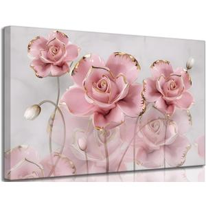 Modern Delicate Pink Gold Roses Canvas Wall art Flower Reflecting In Grey Marble Picture Wall Decor Poster Print Artwork for Living Room Bedroom Woman Room Home Decoration (24L" x 16W")