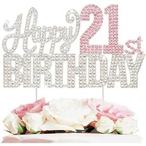 Nelbiirth Happy 21st Birthday Silver & Pink Rhinestone Cake Topper - Cheers to 21 Years Old 21st Bday Metal Sparkly Cake Centerpieces Topper Decorations Sign.