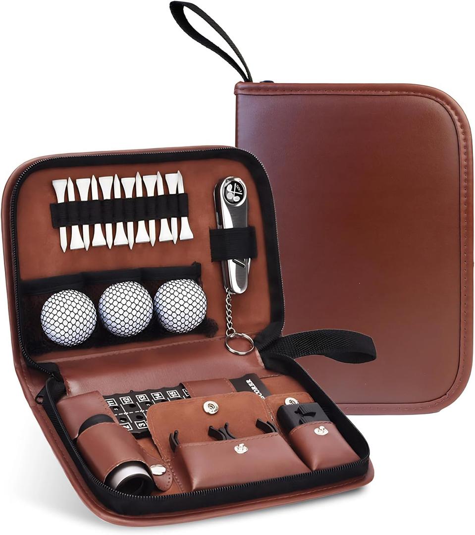 Golf Accessories Bag, Leather Storage Case for Golf Stuff, Rangefinder, Tees, Brush, Divot Knife, Scorer, Ball Clamp - Gifts for Men and Women Golfers, Includes Storage Bag, No Accessories