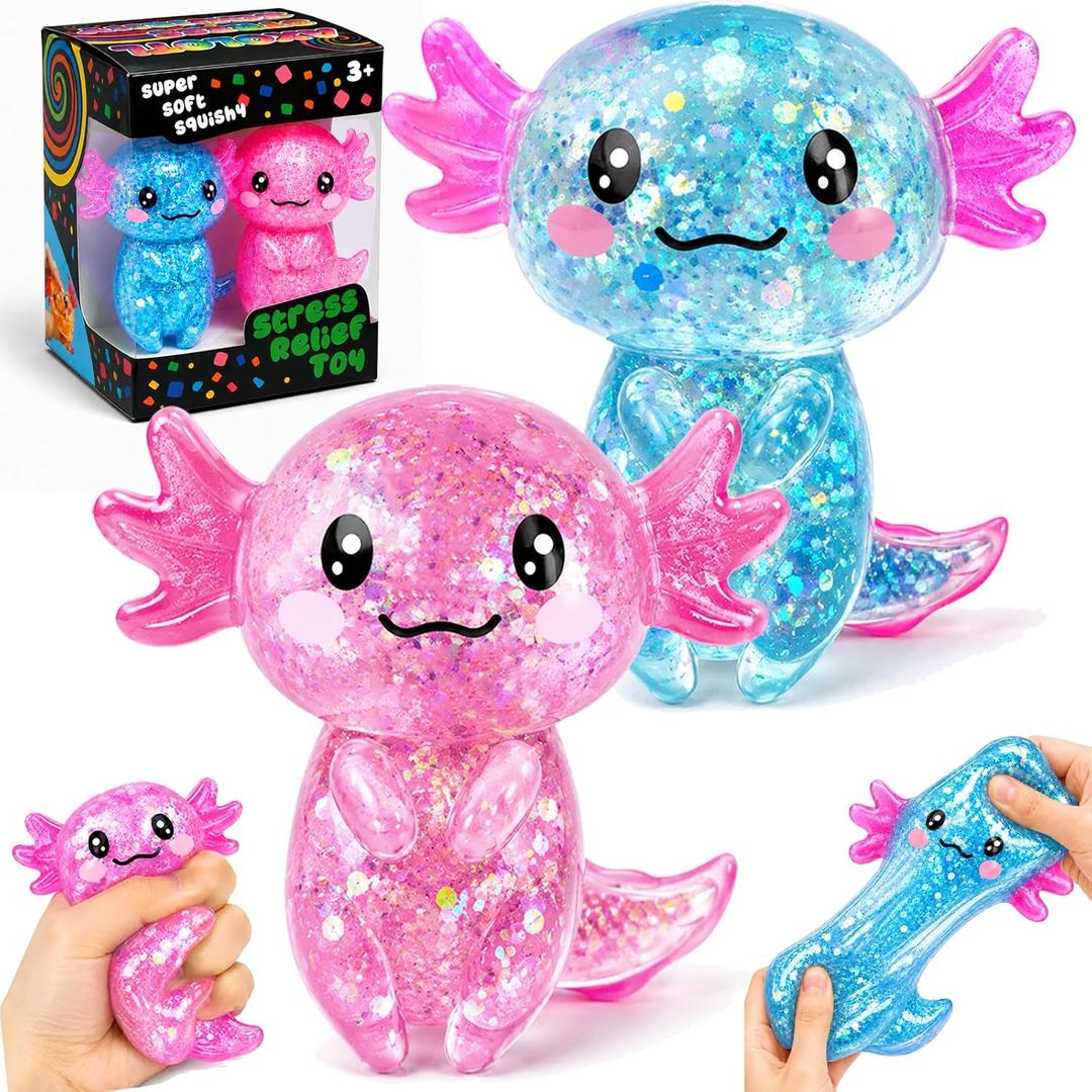 2 PCS Axolotl Slow Rising Stress Balls, Cute Stretchy Axolotl Squishy Fidget Toys for Kids Adults, Sensory Stress Relief Squeeze Toys, Birthday Party Favors, Classroom Prizes, Goodie Bag Gifts