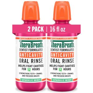 TheraBreath Anticavity Fluoride Oral Rinse Mouthwash, Fights Cavities, Strengthens Enamel and Freshens Breath, Dentist-Formulated, Alcohol-Free, Sparkle Mint Flavor, 16 fl oz, Pack of 2