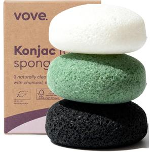 Vove Organic Konjac Facial Sponges 3-Pack - Natural Face Exfoliating Sponges with Bamboo Charcoal & Green Clay, Gentle Cleansing for All Skin Types, Natural Vegan Skincare, Certified Organic