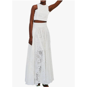 Women's Lace Eyelet 2 Piece Skirt Set Sleeveless Crop Tops Long Trendy Embroidery Flowy Swing Party Club Skirt Set, White,M