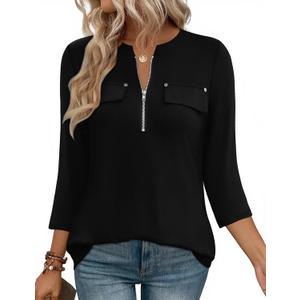 LOMON 3/4 Length Sleeve Womens Tops Business Casual Zip Front V Neck Shirt Loose Fit Work Tunic Blouse (Black, L)