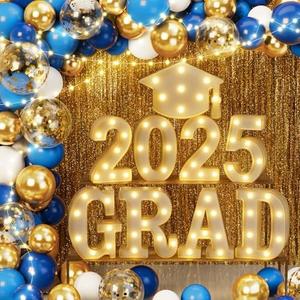 2025 Graduation Decorations, 79 PCS Graduation Party Supplies with 9 LED Marquee Light Up Letter Sign “GRAD 2025” & Cap, Balloon Garland Kit for Outdoor Indoor Room Wall Table Grad Decor - Blue Gold