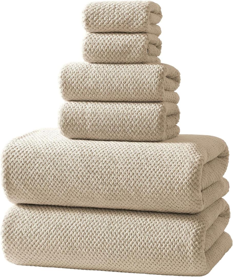 REDKISS 6-Piece Bath Towel Set - 2 Washcloths, 2 Hand Towels, 2 Bath Towels | Ultra-Fiber Coral Fleece, Super Absorbent, No Lint & No Fading | Perfect for Bathroom, Spa, Gym | Family & Adults-Camel