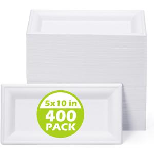 Tanlade 400 Pcs 5 x 10 Inches Disposable Rectangle Plates Bulk Serving Platter Heavy Duty Rectangular Sugarcane Bagasse Fiber Plates Compostable Trays for Outdoor Indoor Picnic Birthday(White)