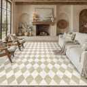 8x10 Checkered Beige Area Rug for Living Room Bedroom Washable Soft Modern Non Slip Large Throw Rug Lightweight Low Pile Neutral Carpet Dining Room Office Classroom Nursery Playroom