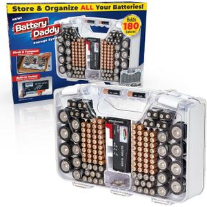 Battery Daddy Storage & Organizer Case with Tester, Stores & Protects Up to 180 Batteries, Double-Sided, Clear Locking Lid, Secure Latches & Portable Carrying Handle - White (Batteries Not Included)