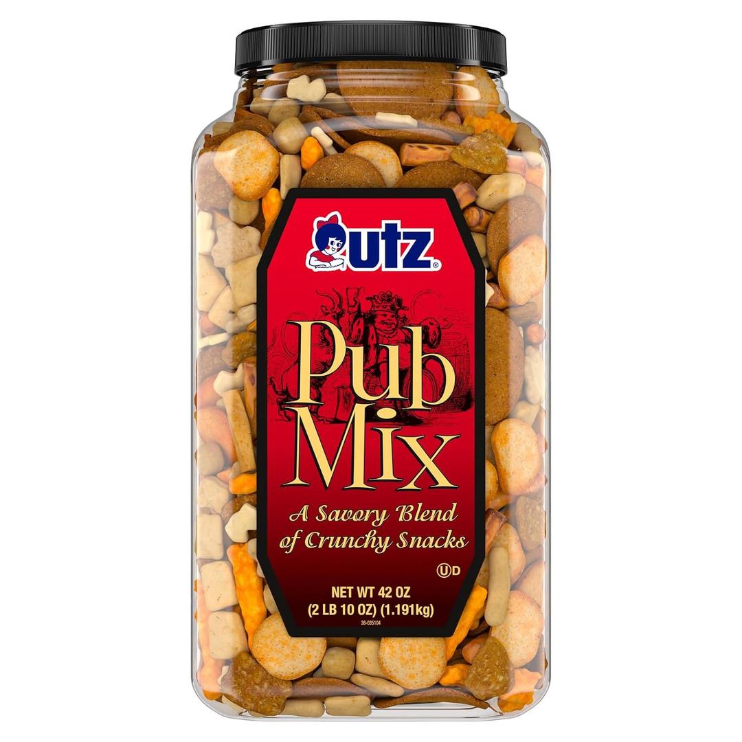 Utz Pub Mix, 42 Oz. Barrel, Savory Snack Mix with a Blend of Crunchy Flavors for a Tasty Party Snack, Resealable Container, Trans-Fat Free and Kosher Certified (EXP 12/09/26)