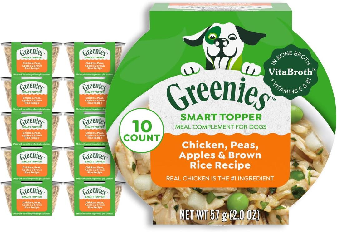 Greenies Smart Topper High Protein Wet Mix-in for Dogs, Chicken, Peas, Apples & Brown Rice Recipe in Vitabroth Broth - Bone Broth + Vitamins E & B1, 10 Count, Best By 05/15/26