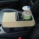Supin Car Armrest Cushion - Multifunctional Faux Leather Armrest Cushion with Cup Holder, Phone Storage, and Ergonomic Design for All Seasons (Beige)
