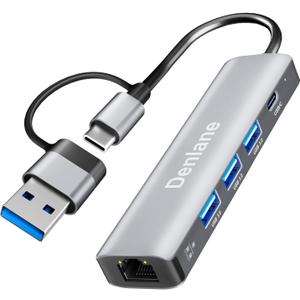 USB C USB 3.0 to Ethernet Adapter, 5 in 2 Gigabit USB Ethernet Hub for Laptop with 4-Port USB-A 3.0 and USBC, 1000Mbps RJ45 LAN Network Adapter Compatible with MacBook/iPad Pro/Phone/Tablet