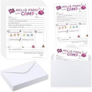 Motiskyy 12 Set Sleepaway Camp Flat Cards and Envelopes Notepad Set for Campers Boys and Girls 5. 12 x 7. 87 in with Envelopes Fill in The Blank Camp Stationary(Girl Fill in the Blank)