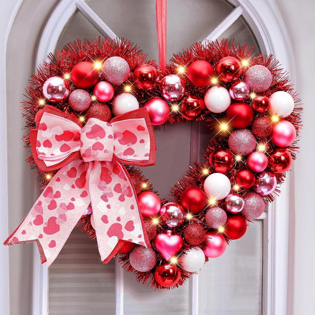 Alupssuc 14" Inch Valentine Heart Wreath with Bowknot and Lights by Batteries Operated for Front Door Wall Windows Valentine's Day Wedding Party Romantic Decorations,Gifts for Her/Him/Women/Men,Red