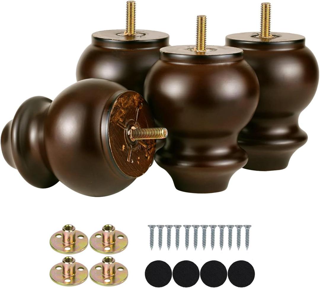 Michanco 4 Inch Wood Furniture Legs Bun Feet Replacement Chunky Wooden Furniture Feet for Sofa Couch Set of 4 (4 Inch Espresso)