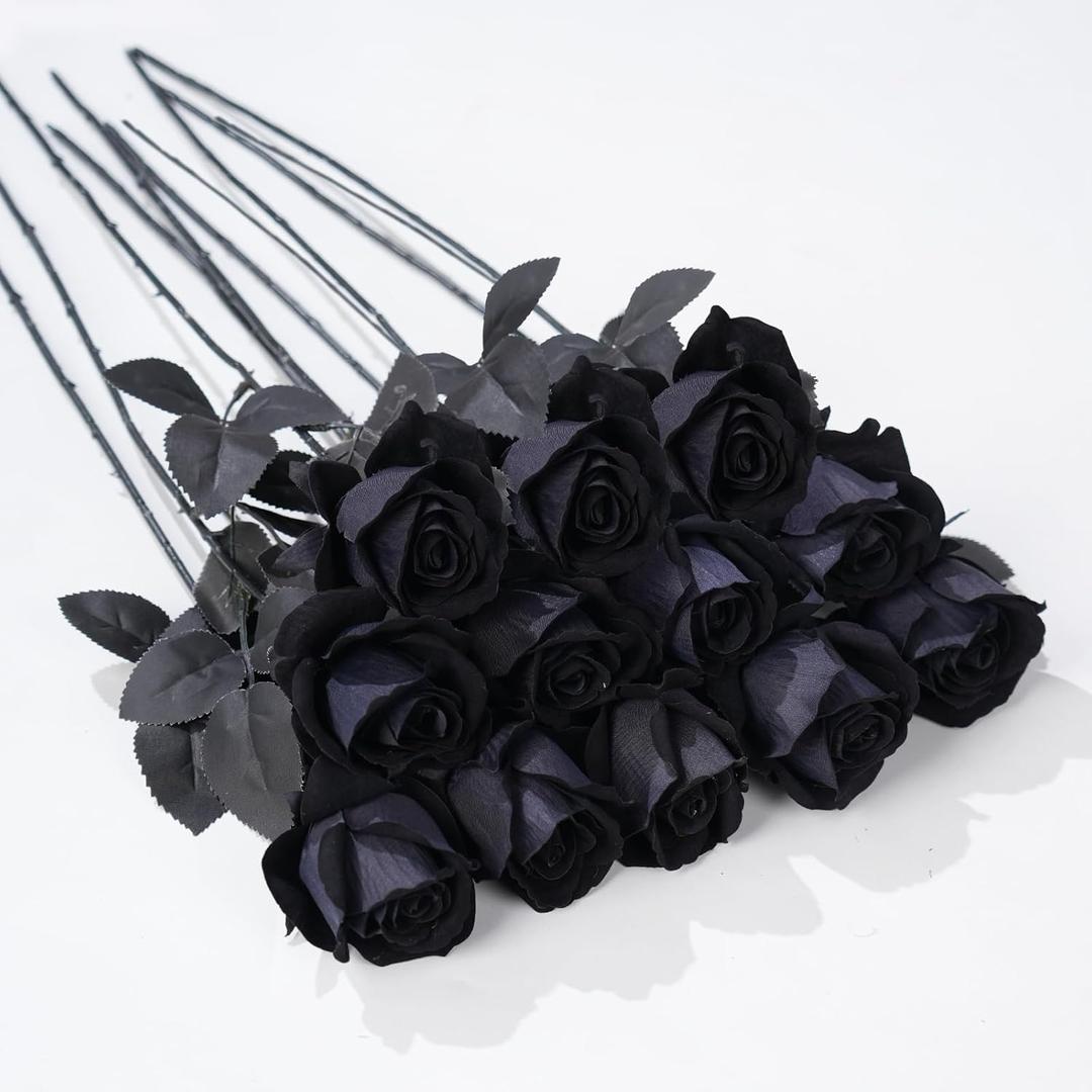 12 Pcs Black Roses Artificial Flowers with Long Stem, Faux Silk Rose Bouquet Realistic Lifelike Fake Floral Bundles for Halloween Valentine's Day Wedding Party Table Centerpiece Decor, Small