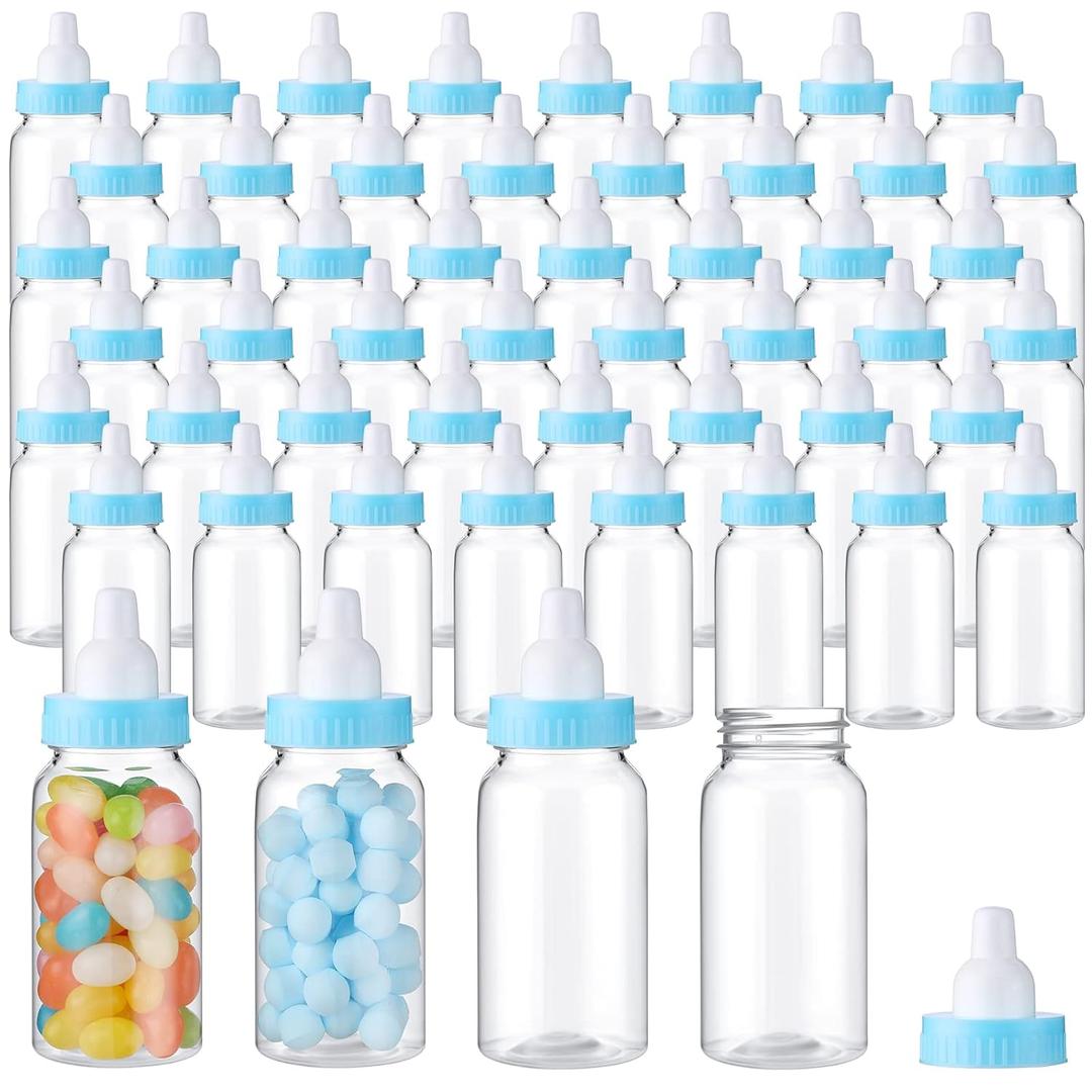 48 Pcs 4.5 Inch Baby Bottle Shower Favor Mini Plastic Candy Bottle Baby Shower Fillable Feeding Candy Box for Party Boy Girl Birthday Newborn Baptism with Removable Blue Tops
