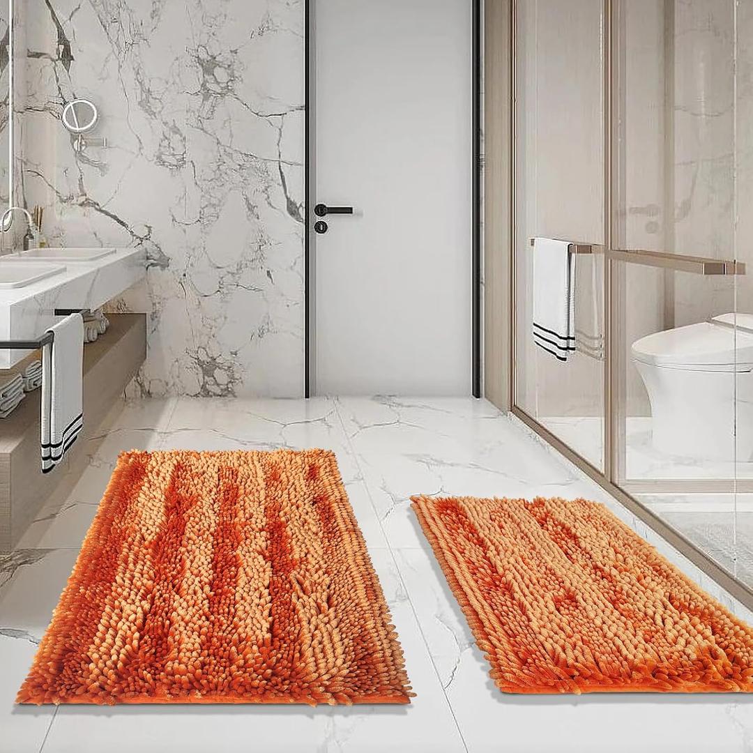 Orange Bathroom Rugs Sets 2 Piece, Extra Soft and Absorbent Chenille Bath Mat, Machine Washable Mat, Fall Bathroom Mats Non Slip Bath Rugs, 16x24 and 20x32 Inches