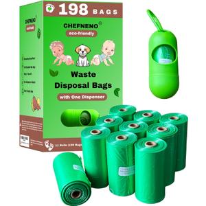 Multipurpose Waste Bags 11 Refill Rolls (198 Bags) with Dispenser, Biodegradable, Leak-Proof, Easy to Use, Value Pack