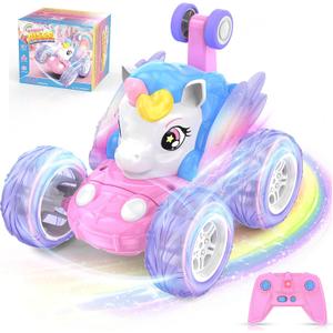 Unicorn Remote Control Car for Girls 3 4 5 6 7 8 Years Old, Birthday Gift | Pink Monster Truck with Colourful Light 360°Flip RC Stunt Car Rechargeable Kids Toy Present Juguete Carros Regalo Para Niñas