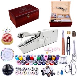 Handheld Sewing Machine, with Elegant Wooden Sewing Box and 153-Piece Sewing Kit, Mini Portable Cordless Hand held Sewing Machine, Perfect for Adults, Beginners, and Quick Home Repairs (White)