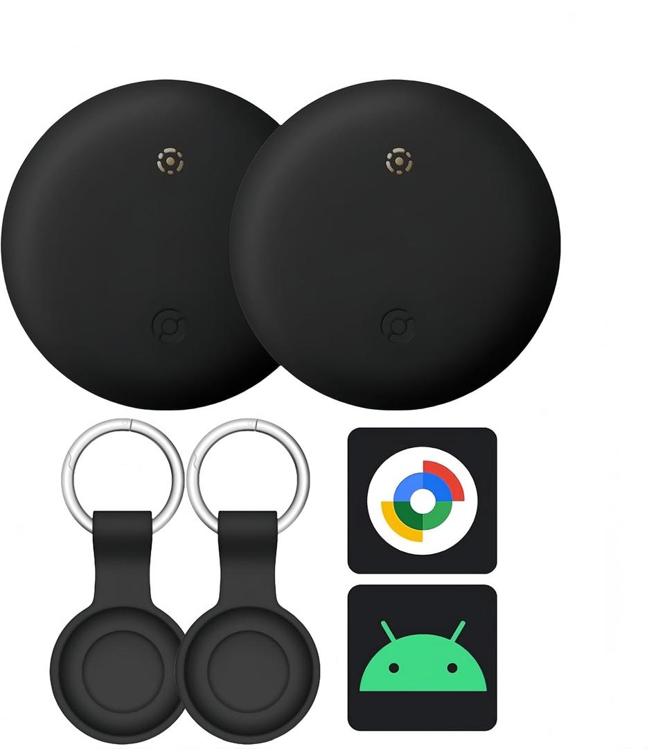 Android Tracker 2-Pack, Google Certified Item Finder Works with Andriod Find My Device (Find Hub) App, Bluetooth Trakcer Tag Locator for Keys, Luggage, Satchel, Backpack etc. (with Holders)