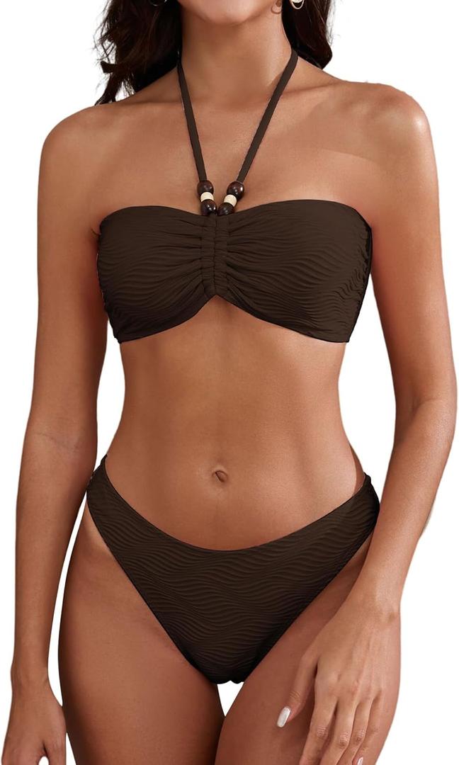 ZAFUL Women's Halter Bandeau Bikini Beaded Tie Back String Bikini Set Push Up Two Piece Swimsuit Bathing Suits (Large, 1-deep Brown)