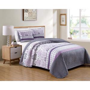 Luxury Home Collection 3 Piece Full/Queen Quilted Reversible Coverlet Bedspread Set Floral Printed Lavender Purple White Gray