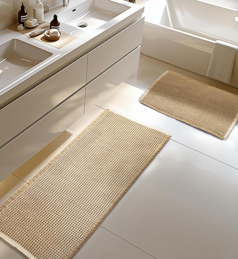 Large Waffle Bath Mat Set, Non Slip Bathroom Mat Set 2 Piece, Ultra Absorbent Bath Mats, Machine Washable Bath Rugs, Brown & White, 20"47" and 16"24"