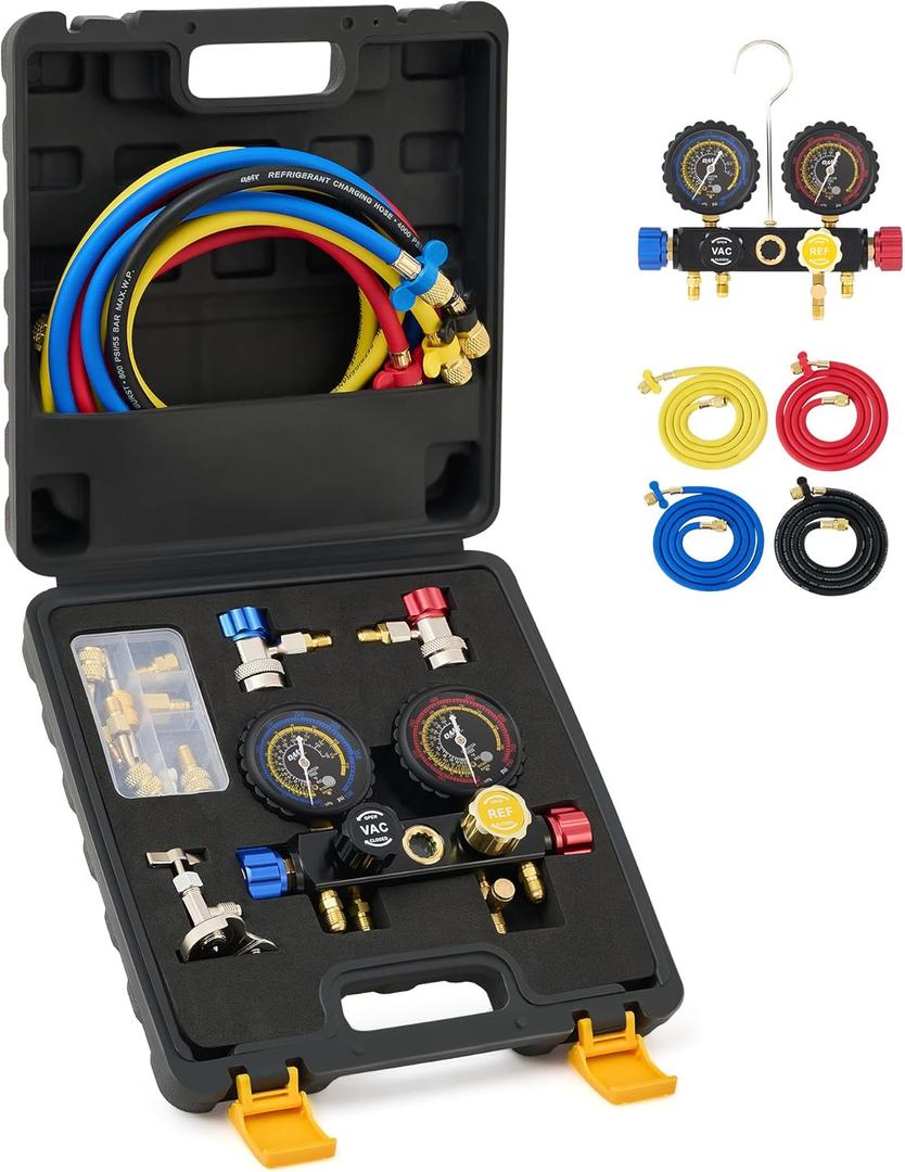 Orion Motor Tech 4 Way AC Gauge Set for R410a R22 R134a Refrigerant, 4 Valve Automotive AC Manifold with 5ft Hoses, R410a Adapters, Can Tap