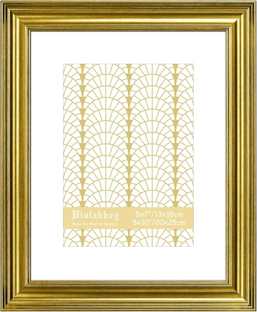 VIOLABBEY 8x10 Picture Frame Gold, Photo Frames, Fits Pictures 5x7 with Mat or 8 x 10 without Mat, Vintage Display for Tabletop and Wall
